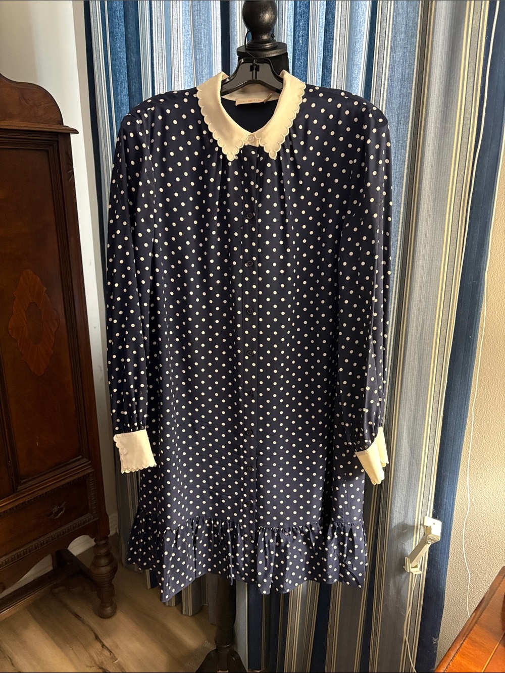 Tory Burch Navy Polka Dot Dress with Cream Collar and Cuffs